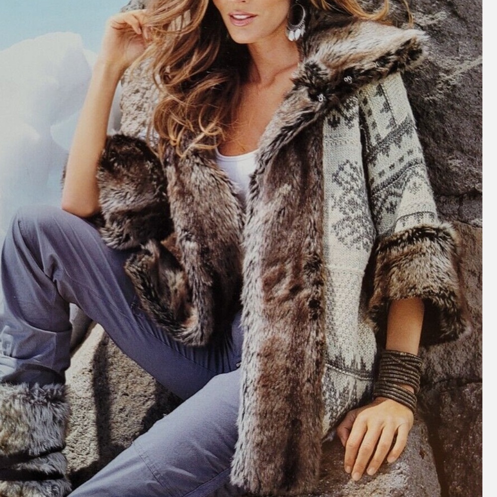 Boston Proper Cozy Faux Fur Trimmed Cardigan, Size Small